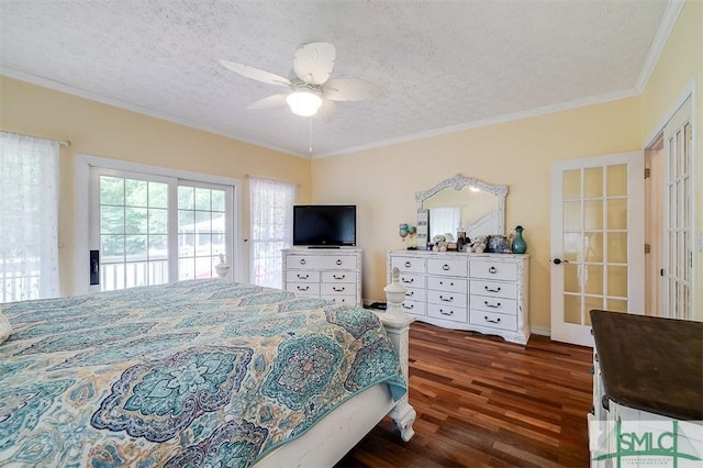 bedroom featuring a textured ceiling, access to outside, ceiling fan, crown molding, and dark hardwood / wood-style floors