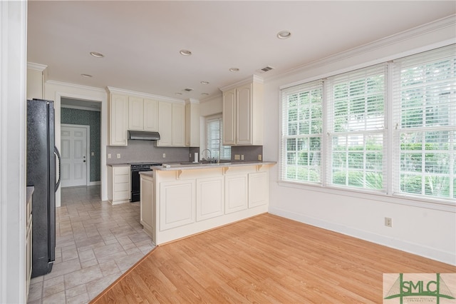 kitchen featuring sink, black fridge, kitchen peninsula, stove, and white cabinets