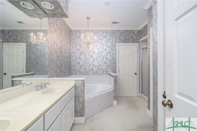 bathroom with vanity, ornamental molding, shower with separate bathtub, and an inviting chandelier