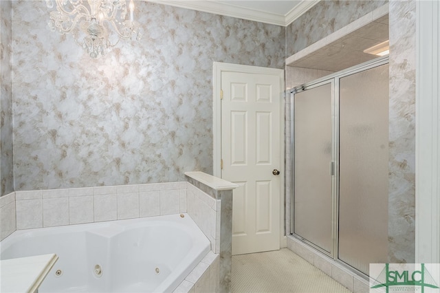 bathroom featuring separate shower and tub, crown molding, tile patterned flooring, and a chandelier