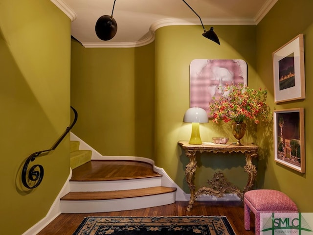 stairway with crown molding and hardwood / wood-style flooring