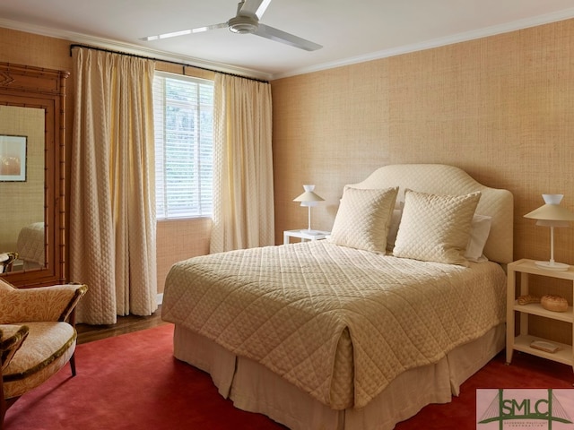 bedroom featuring ceiling fan, crown molding, and multiple windows