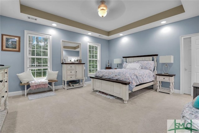 carpeted bedroom with a raised ceiling