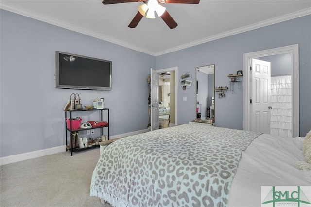 carpeted bedroom featuring ornamental molding and ceiling fan