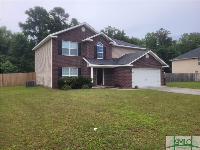 view of property with a garage, a front yard, and central AC unit