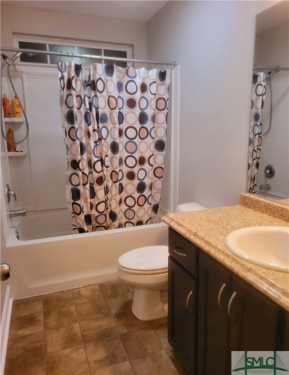 full bathroom with vanity, tile patterned flooring, toilet, and shower / bath combination with curtain