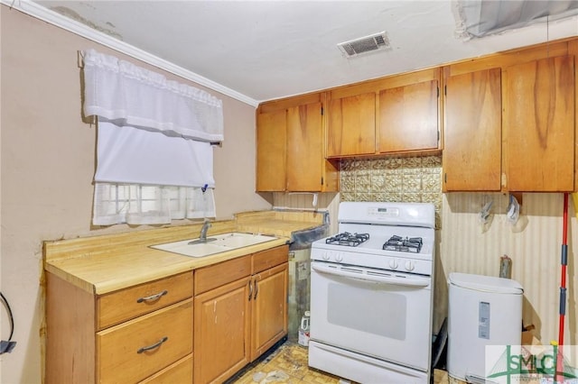 kitchen with tasteful backsplash, white gas range, sink, and ornamental molding