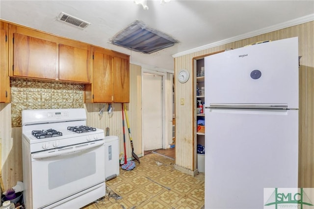 kitchen featuring white appliances, ornamental molding, and backsplash