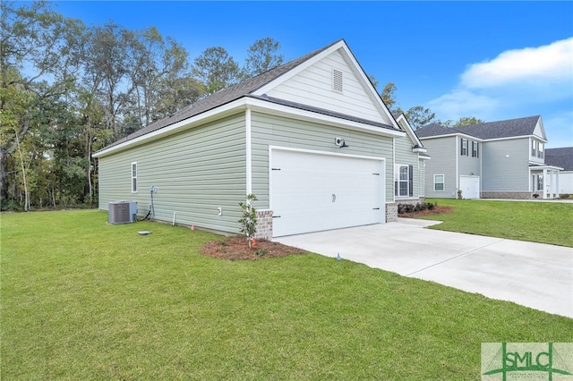 view of property exterior featuring a garage, cooling unit, and a lawn