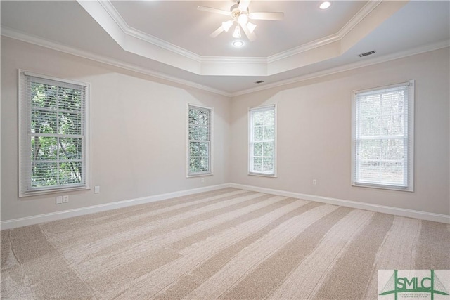 unfurnished room featuring a raised ceiling, crown molding, carpet, and ceiling fan