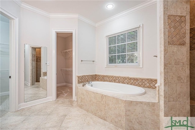 bathroom with tile patterned floors, crown molding, and shower with separate bathtub