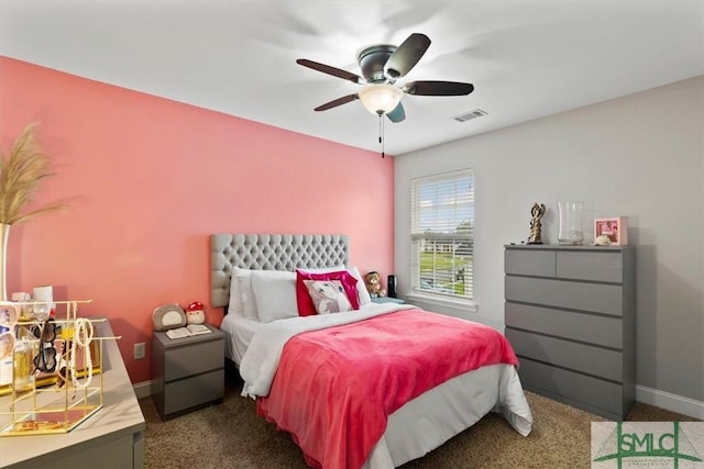 carpeted bedroom featuring ceiling fan