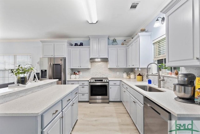 kitchen with appliances with stainless steel finishes, a healthy amount of sunlight, sink, backsplash, and ornamental molding