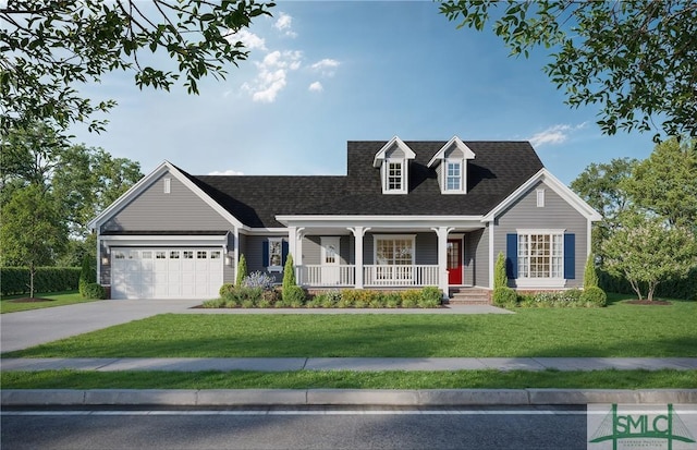 cape cod-style house featuring covered porch, a garage, and a front lawn