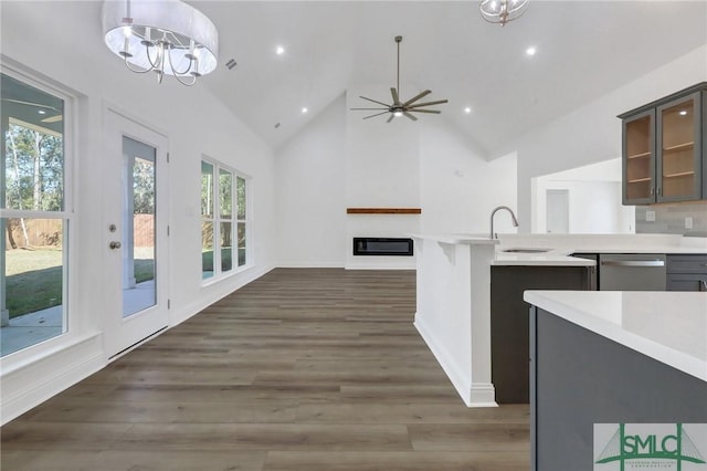 kitchen featuring sink, high vaulted ceiling, stainless steel dishwasher, dark hardwood / wood-style floors, and ceiling fan with notable chandelier