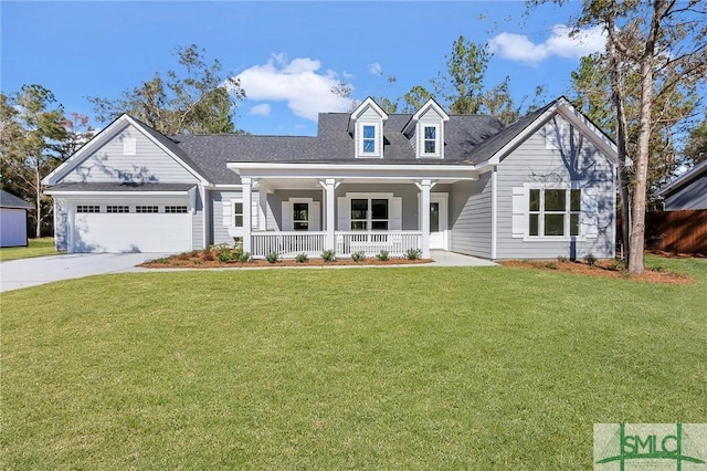 new england style home featuring a porch, a garage, and a front lawn