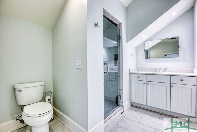 bathroom with walk in shower, vanity, toilet, and vaulted ceiling