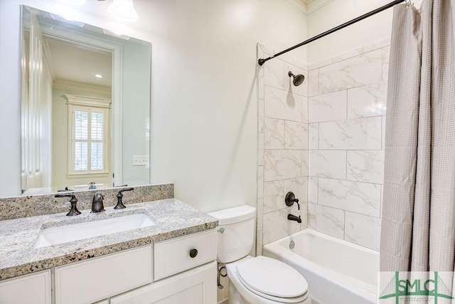 full bathroom featuring shower / bathtub combination with curtain, vanity, and toilet