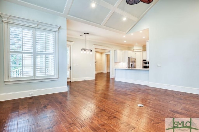 unfurnished living room featuring beamed ceiling, high vaulted ceiling, dark hardwood / wood-style floors, and ceiling fan