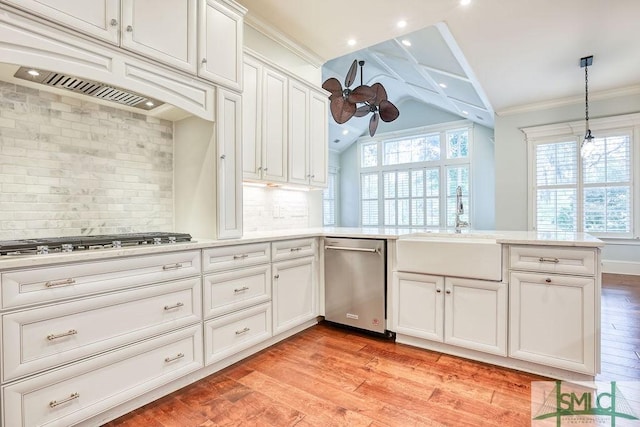 kitchen with sink, hanging light fixtures, stainless steel appliances, vaulted ceiling, and light wood-type flooring