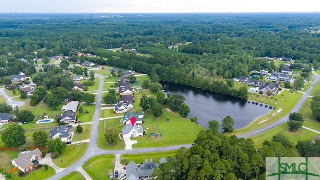 drone / aerial view featuring a water view