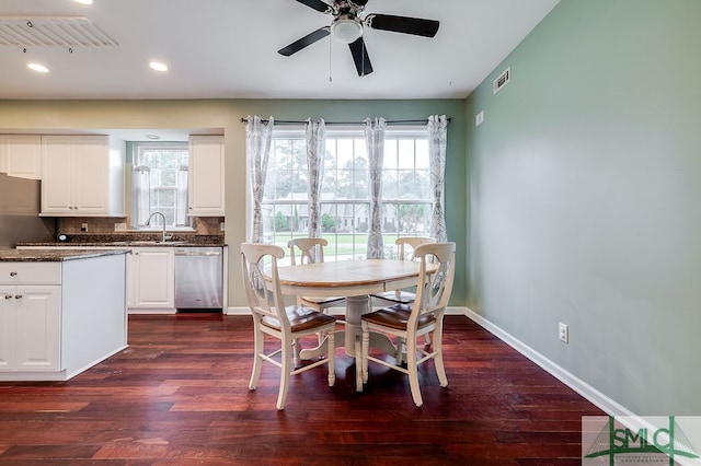 dining room with sink, dark hardwood / wood-style flooring, ceiling fan, and plenty of natural light