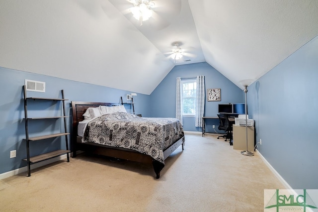 bedroom featuring carpet floors, ceiling fan, and vaulted ceiling