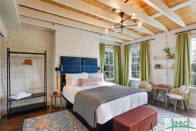 bedroom featuring a notable chandelier, beam ceiling, hardwood / wood-style floors, and wood ceiling