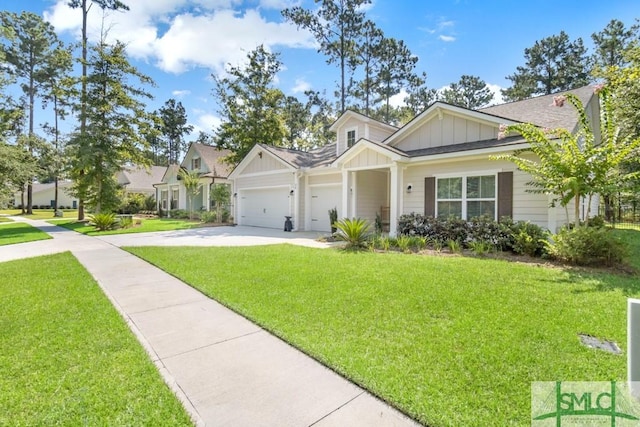 view of front of property featuring an attached garage, a front lawn, board and batten siding, and concrete driveway