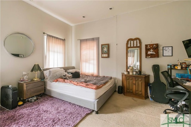 bedroom with light colored carpet