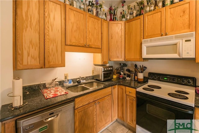 kitchen with dark stone countertops, sink, electric range, and stainless steel dishwasher