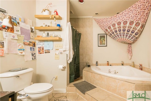 bathroom featuring tile patterned floors, toilet, and independent shower and bath