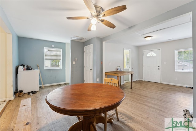 dining room featuring ceiling fan and light wood-type flooring