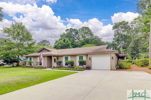 single story home with a garage and a front yard