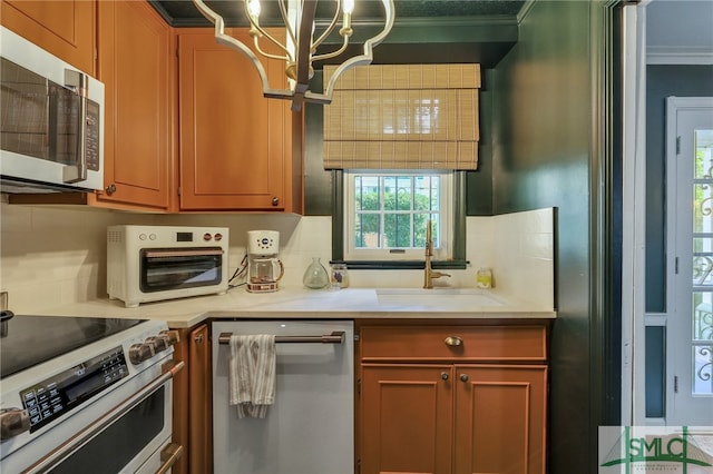 kitchen featuring stainless steel appliances, an inviting chandelier, decorative backsplash, sink, and ornamental molding