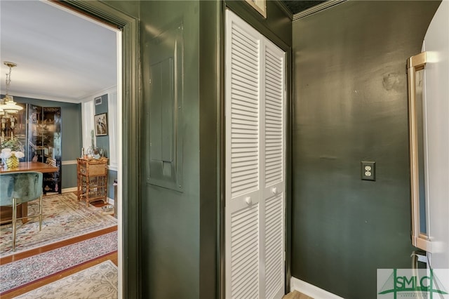 bathroom featuring wood-type flooring and crown molding