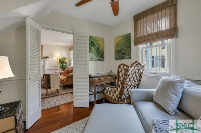 office with ceiling fan and dark hardwood / wood-style floors