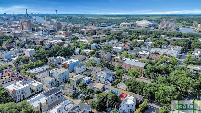 bird's eye view with a water view