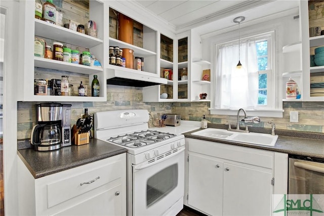 kitchen with white cabinets, hanging light fixtures, gas range gas stove, sink, and stainless steel dishwasher