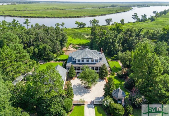 drone / aerial view featuring a water view