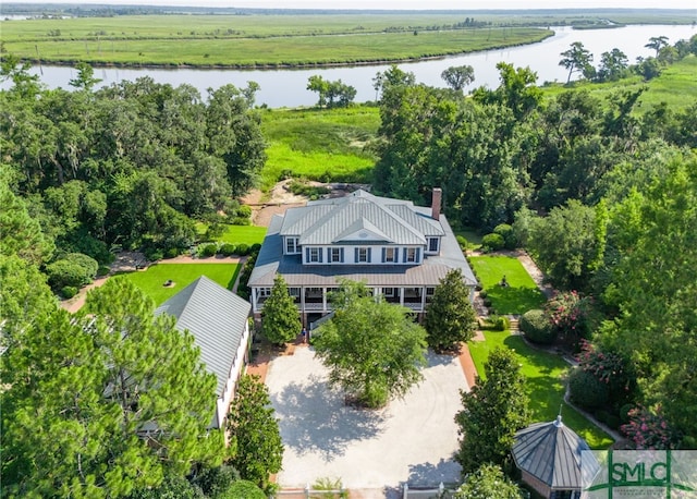 drone / aerial view featuring a rural view and a water view