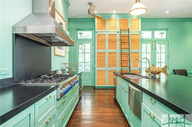 kitchen featuring stainless steel appliances, exhaust hood, sink, ceiling fan, and dark hardwood / wood-style floors