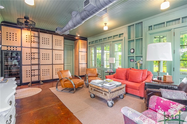 interior space featuring french doors and wooden ceiling