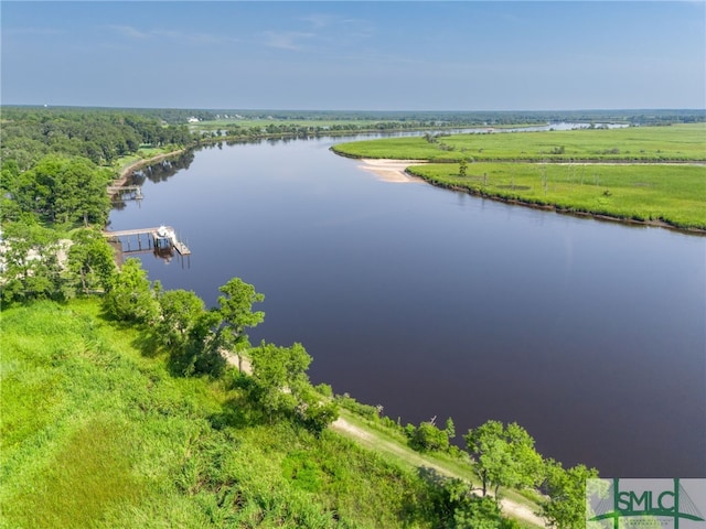 aerial view featuring a water view and a rural view