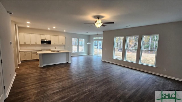 kitchen featuring an island with sink, dark hardwood / wood-style flooring, white cabinetry, ceiling fan, and sink