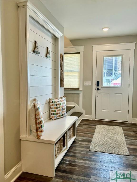 mudroom featuring dark wood-style floors, a healthy amount of sunlight, and baseboards