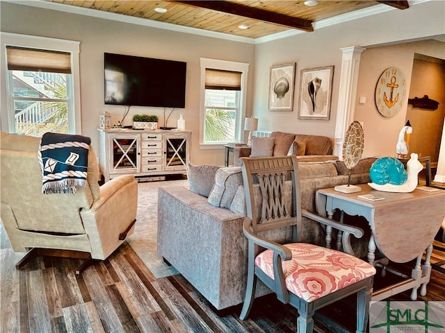 living area featuring wood finished floors, recessed lighting, ornamental molding, and wooden ceiling