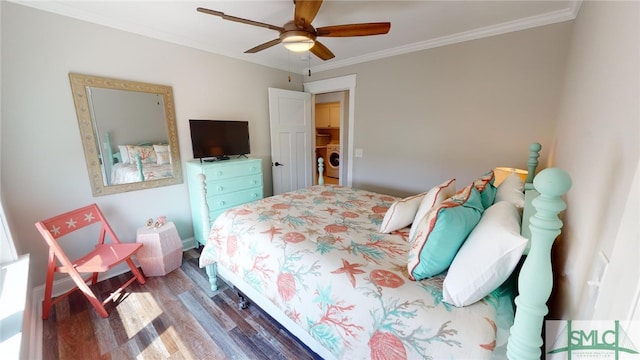 bedroom featuring crown molding, ceiling fan, independent washer and dryer, and wood finished floors