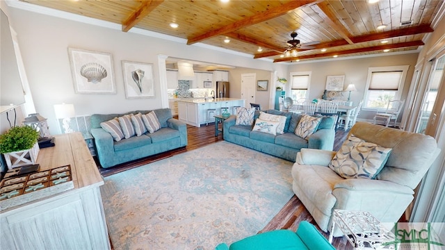 living room featuring beamed ceiling, wooden ceiling, ceiling fan, and wood finished floors