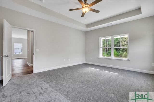 unfurnished room with carpet, ceiling fan, and a raised ceiling